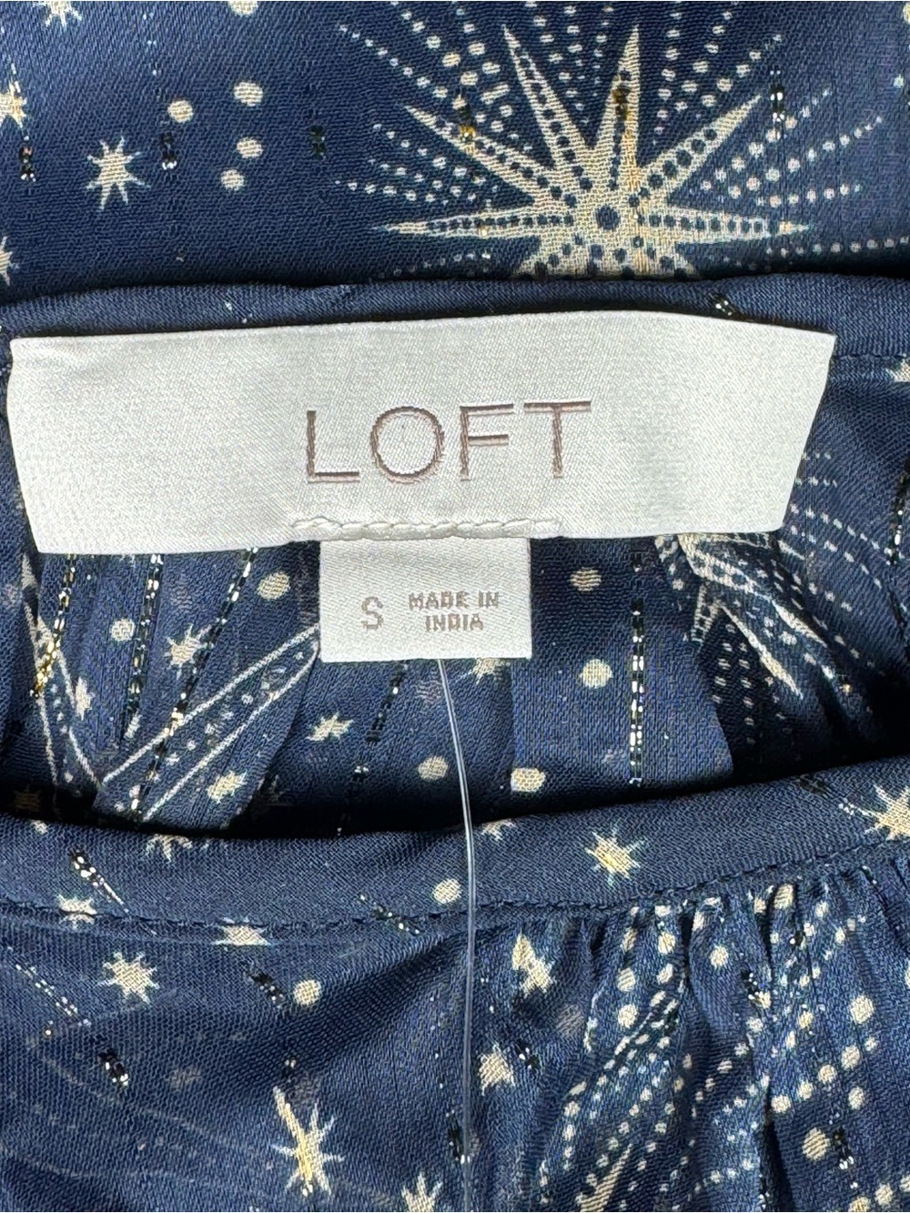 LOFT NWT Celestial Shimmer Peplum Ruffle Sleeve Top Navy & Gold Size S - Picture 7 of 10